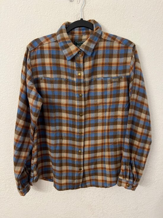 Woolrich Plaid Button-Up Flannel Shirt Brown/Bluebell Wool/Acrylic womens size l - Picture 1 of 6